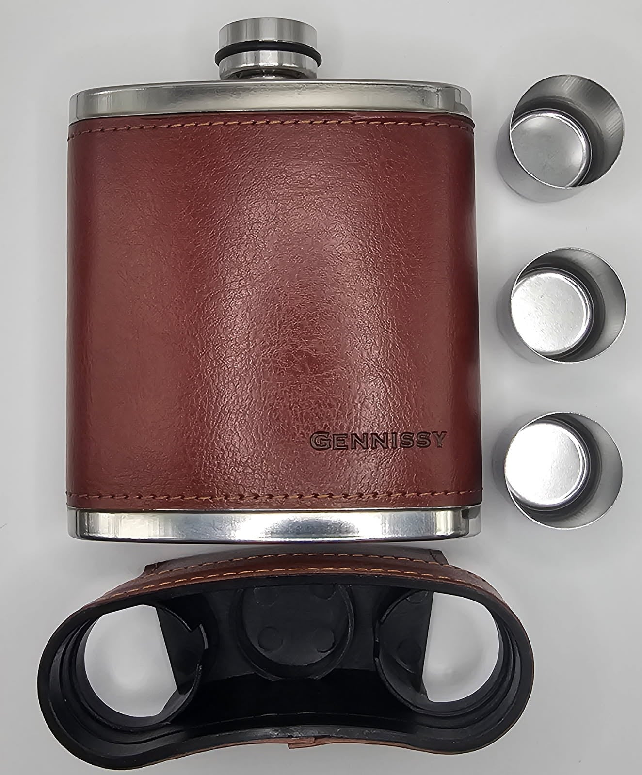 8oz Faux Leather Flask Dark Tan with 3 shot glasses