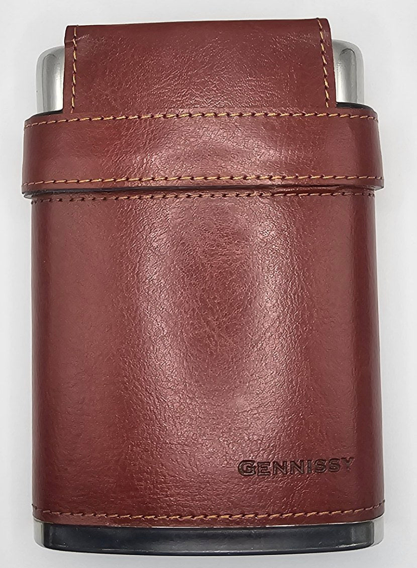 8oz Faux Leather Flask Dark Tan with 3 shot glasses